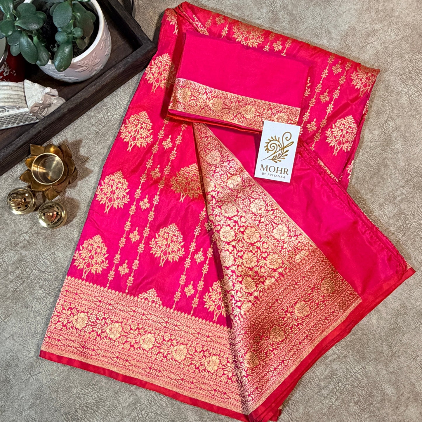 Peach Pink Pure Katan Jhallar pattern