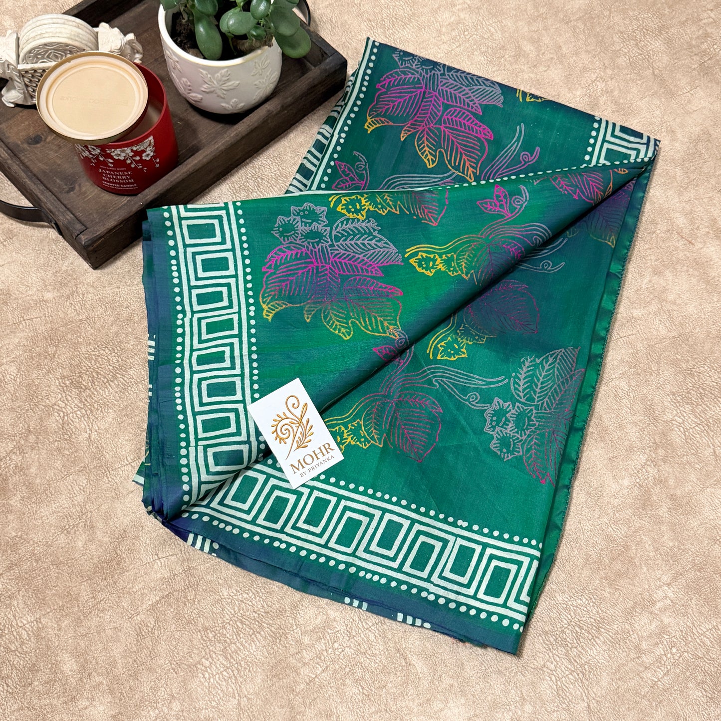 Bottle Green Pure Bishnupuri Katan silk handblock