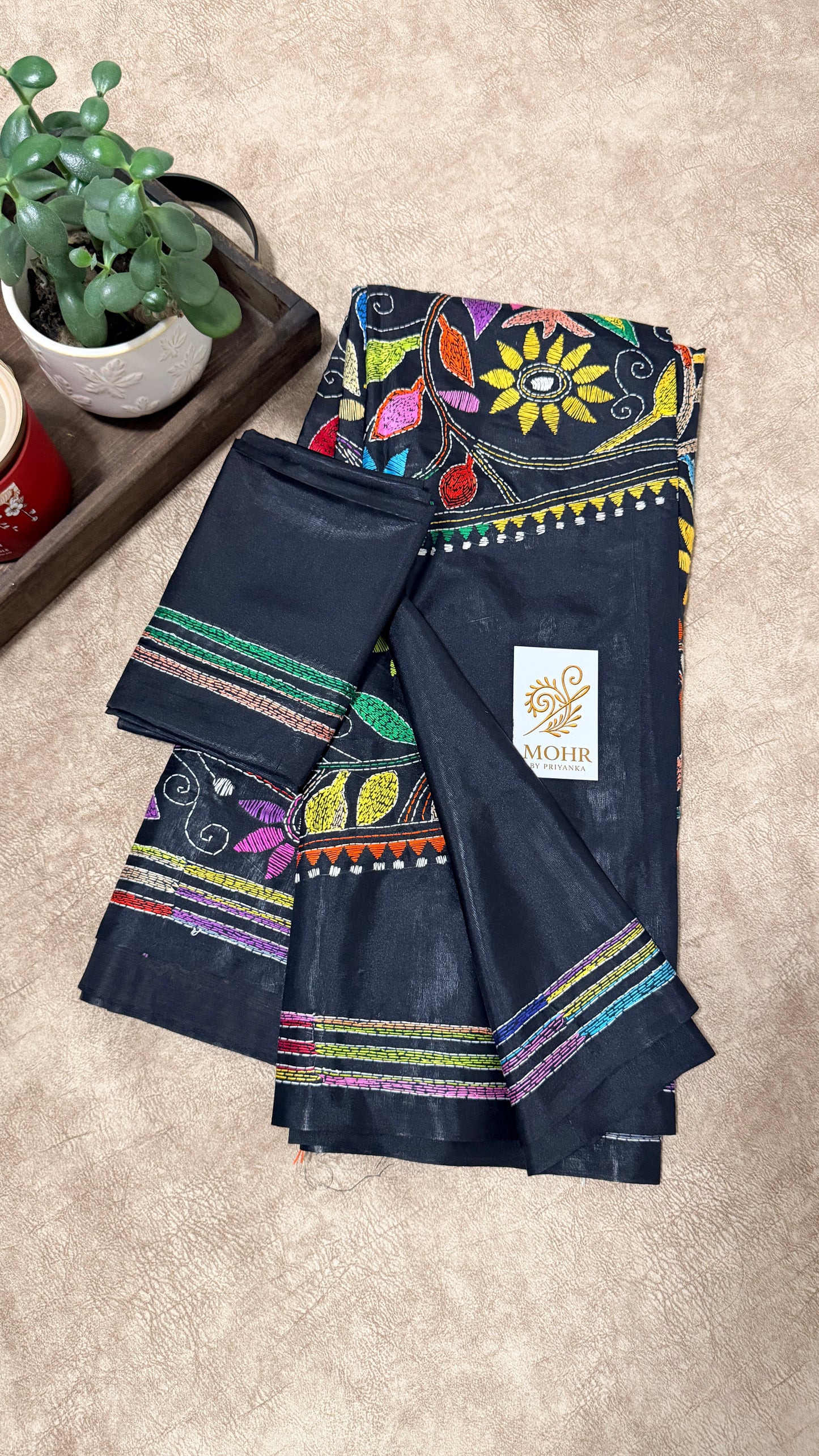 Multi color hand Kantha on Black silk saree
