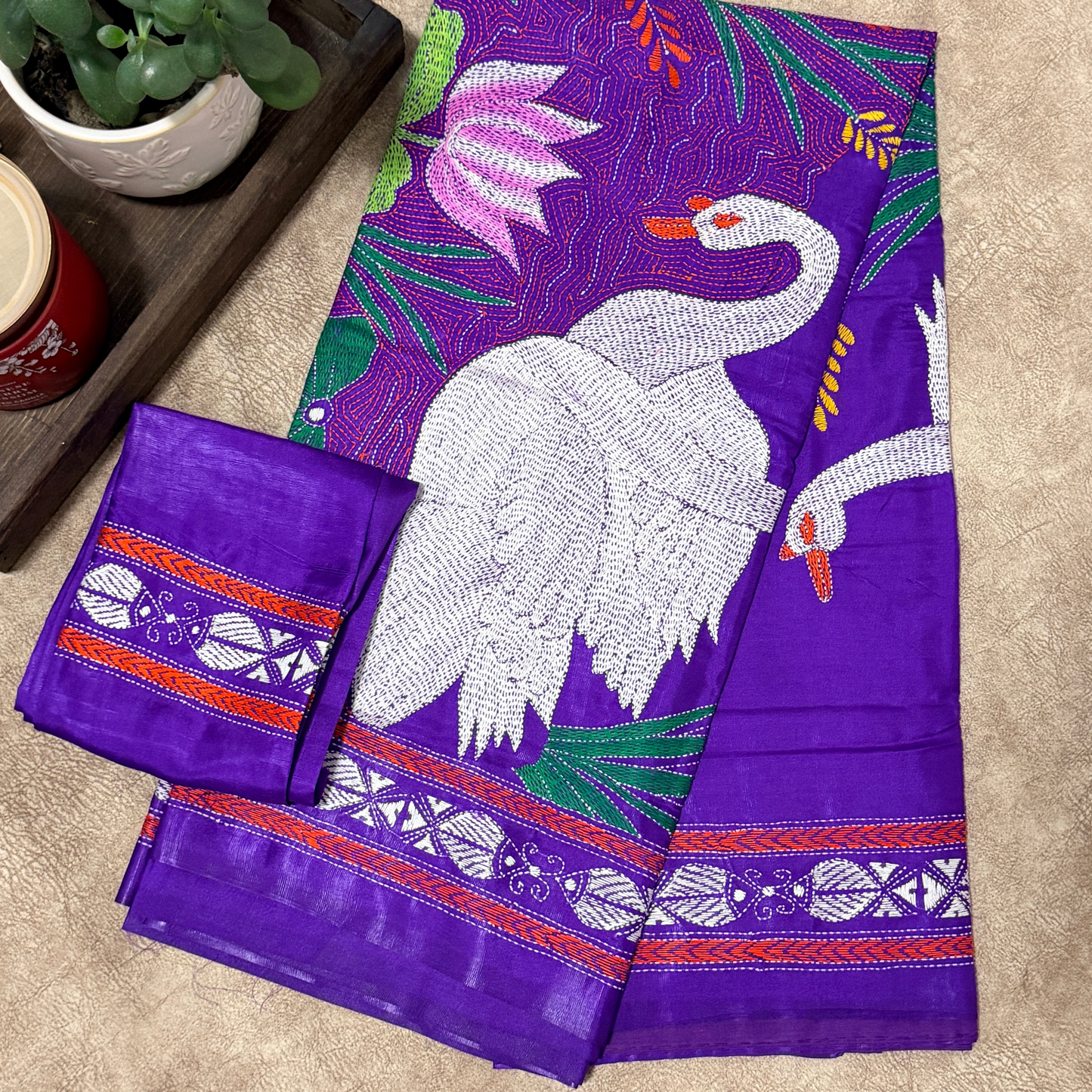 Purple silk with Swan hand Kantha motif