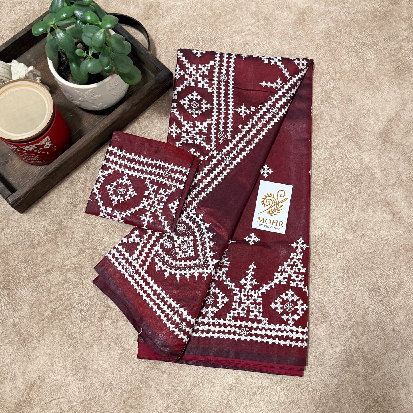 Hand Kutch work on Brick Red silk saree