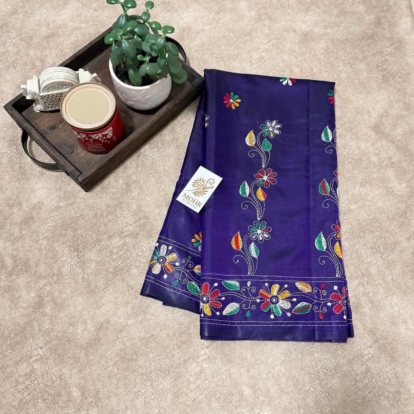 Multi color Hand Kantha on Deep Purple silk saree