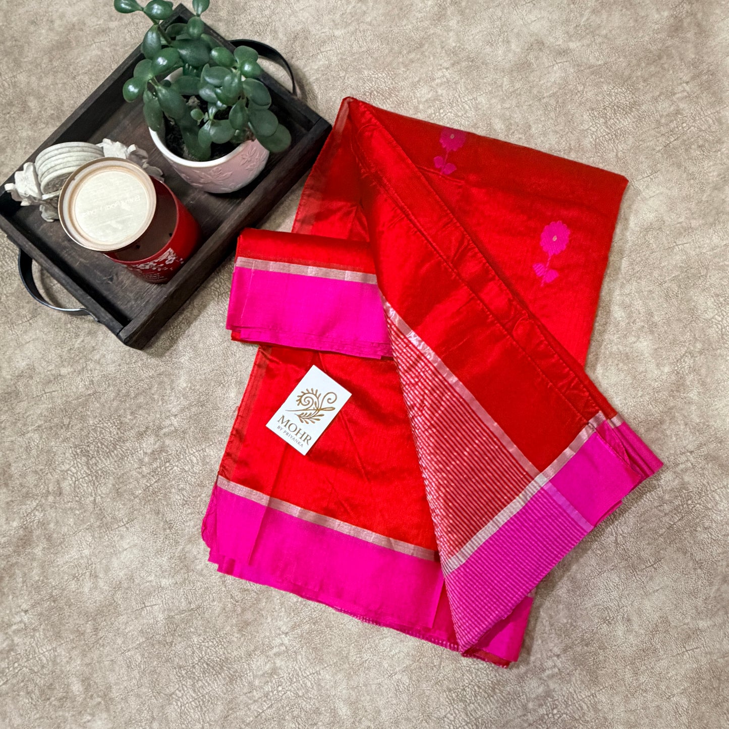 Red Chanderi with Pink border and flower motif
