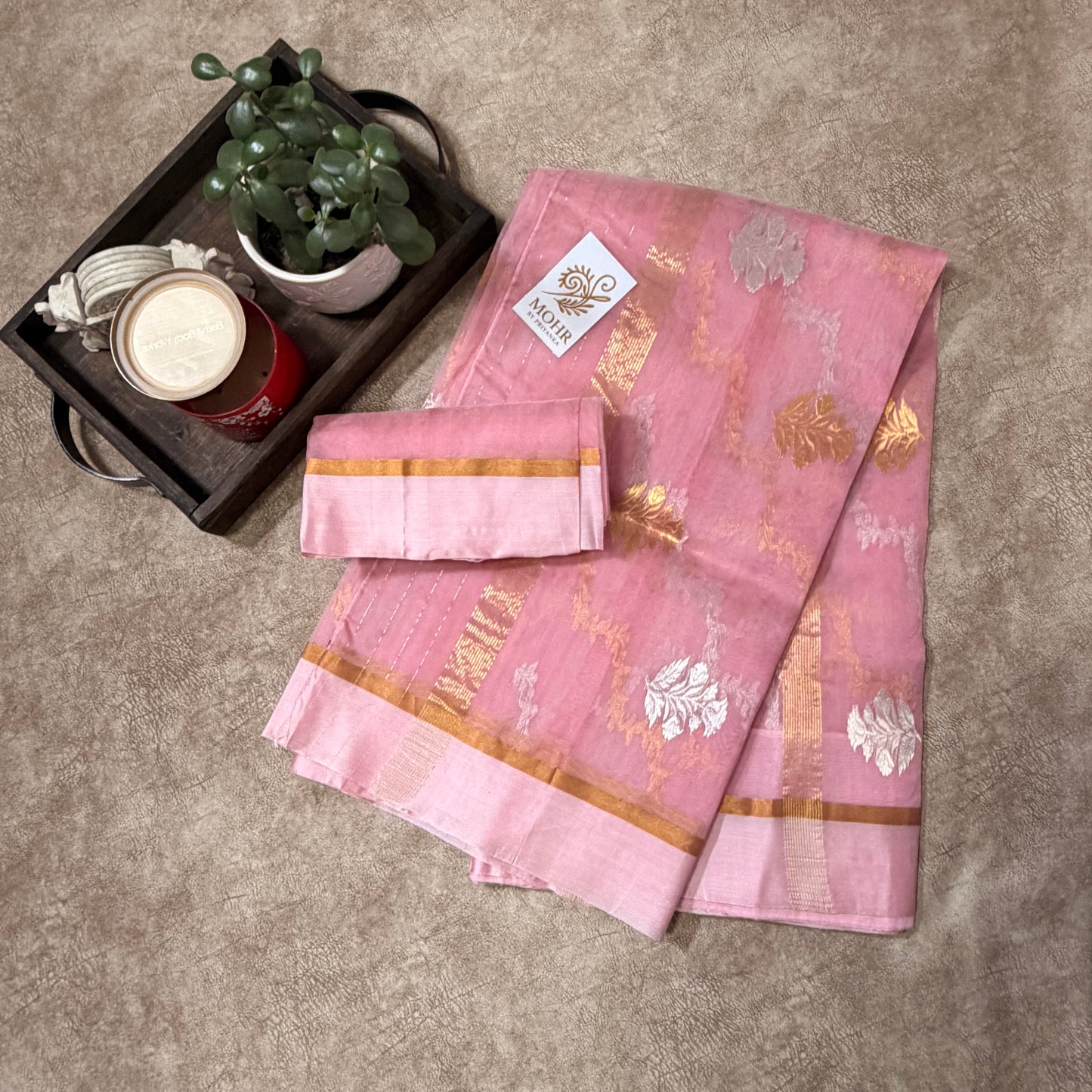 Baby Pink Chanderi with Leheriya Jaal