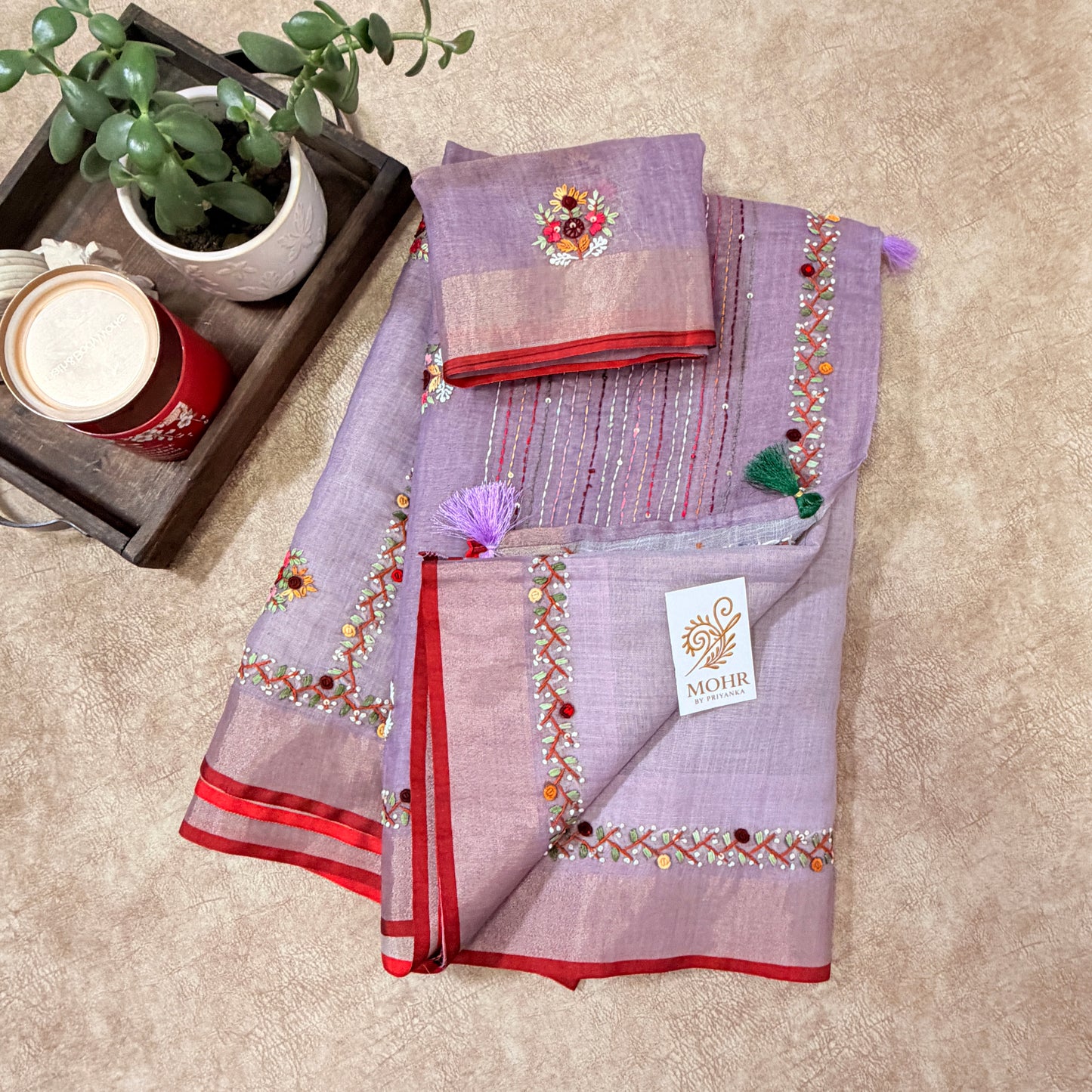 Bullion work on Linen tissue Lavender saree
