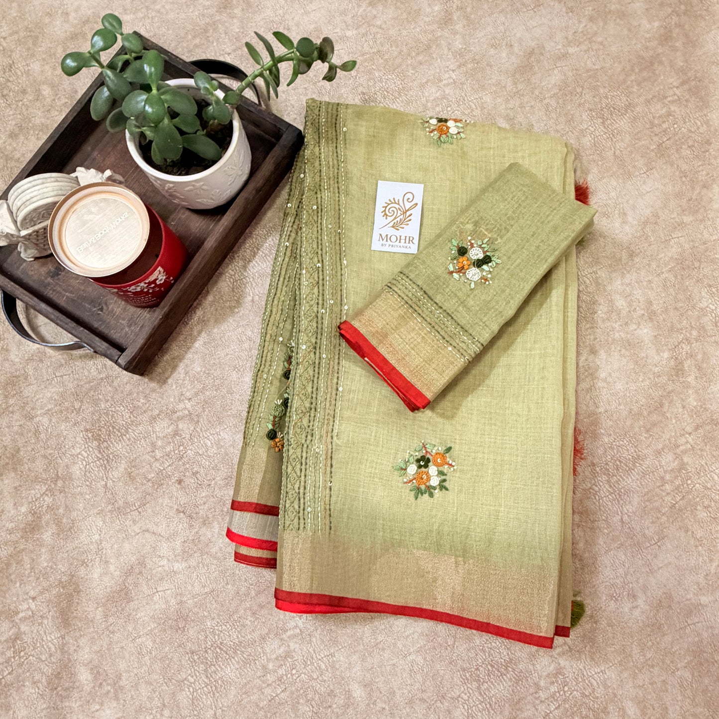 Bullion work on Linen tissue light green saree