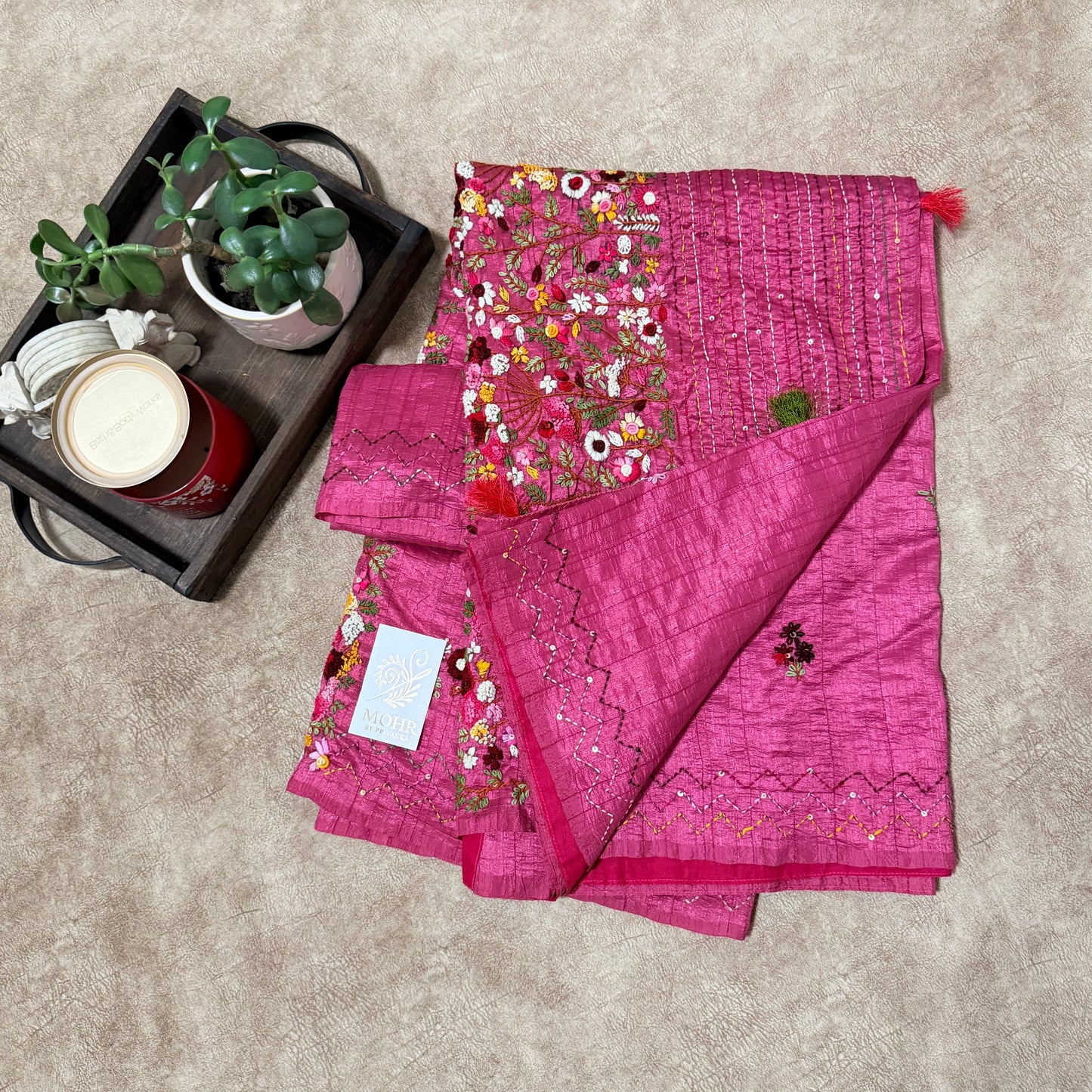 Bullion work on Onion Pink soft silk saree