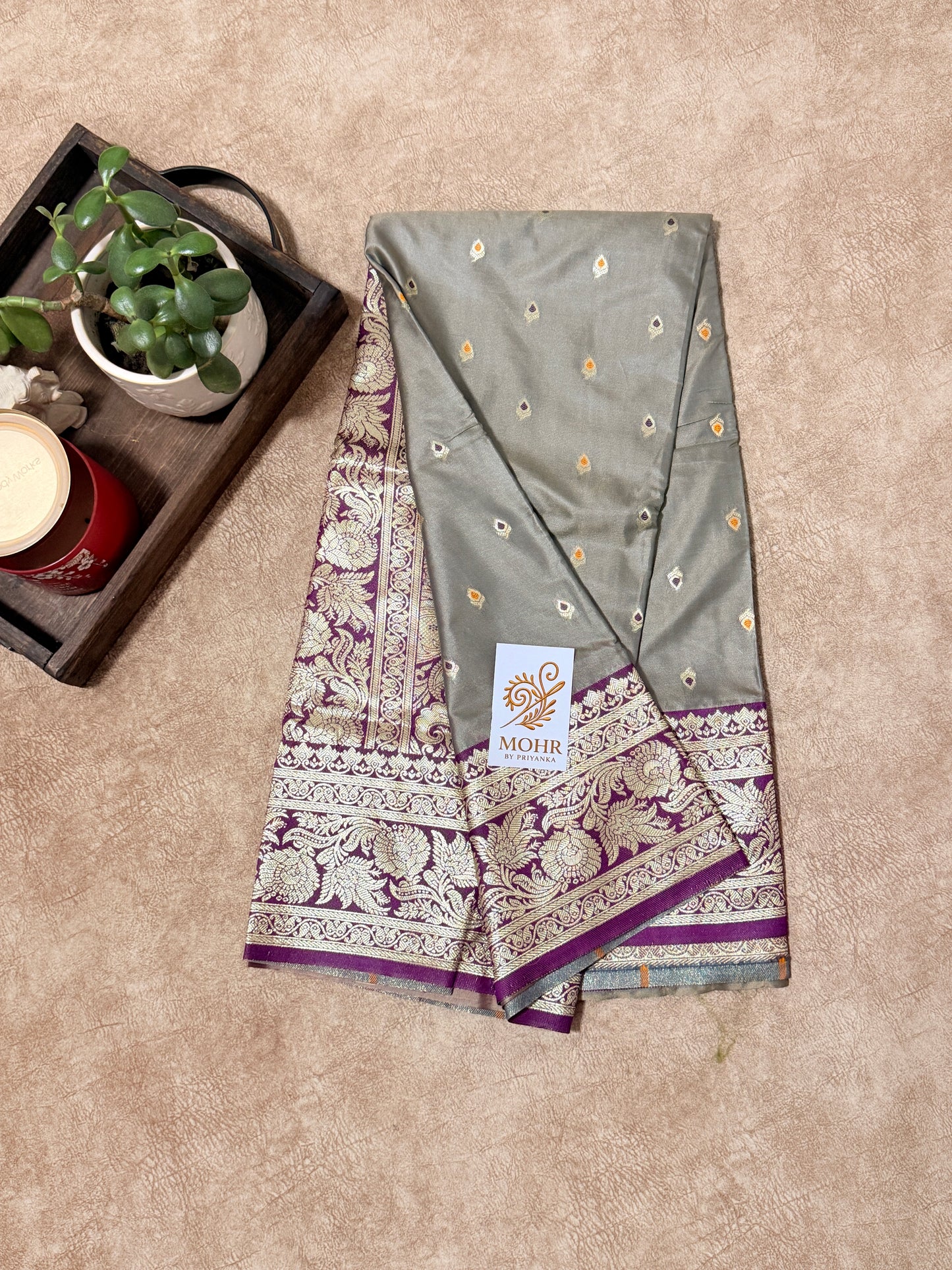 Silver Grey/ Wine Banarasi saree