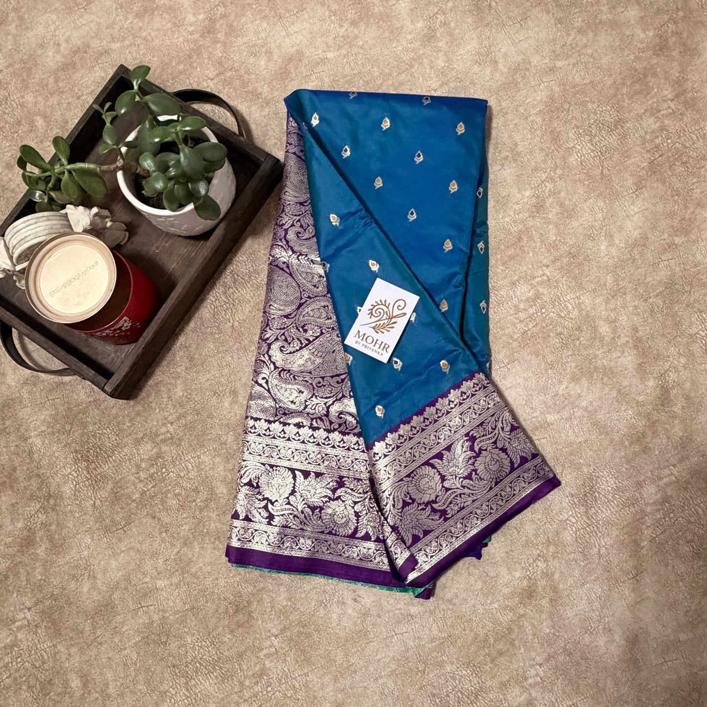Peacock blue/wine Banarasi saree