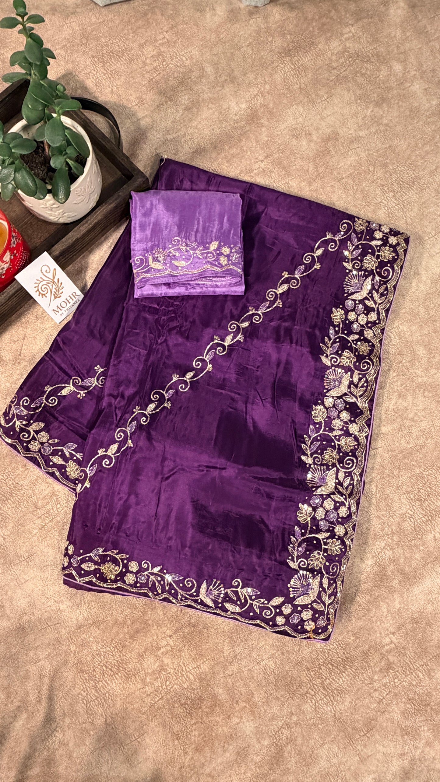 Zardozi work on Deep Purple Crepe Saree