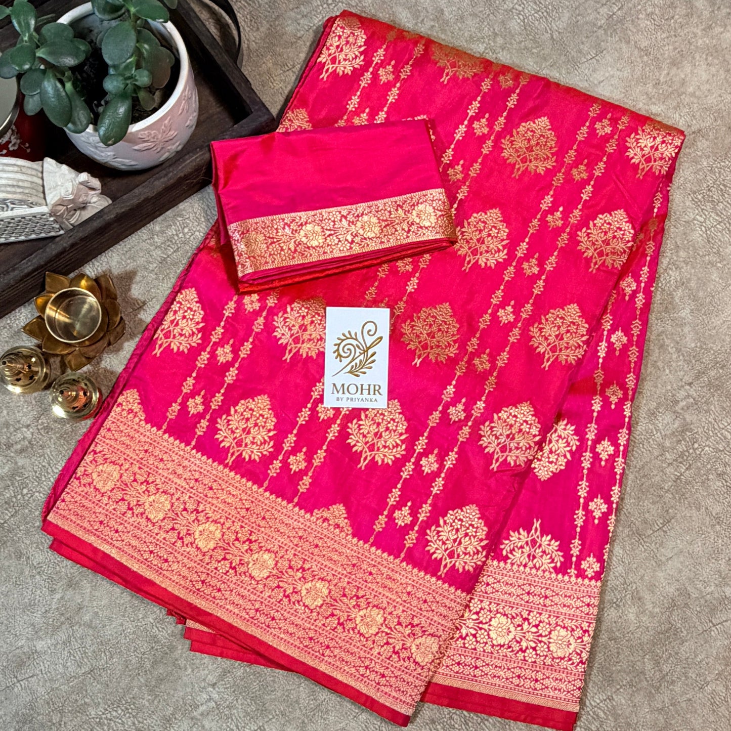 Peach Pink Pure Katan Jhallar pattern