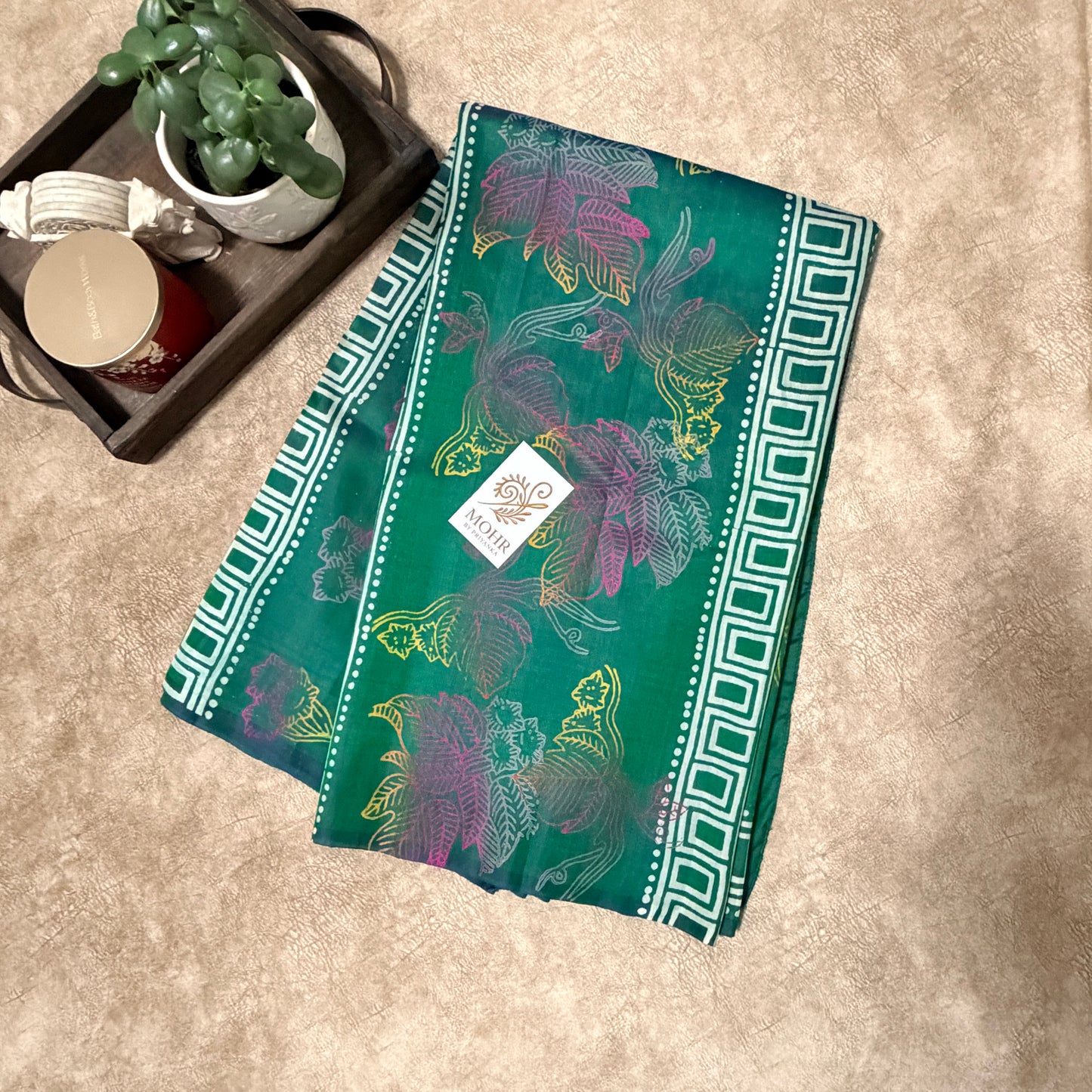 Bottle Green Pure Bishnupuri Katan silk handblock