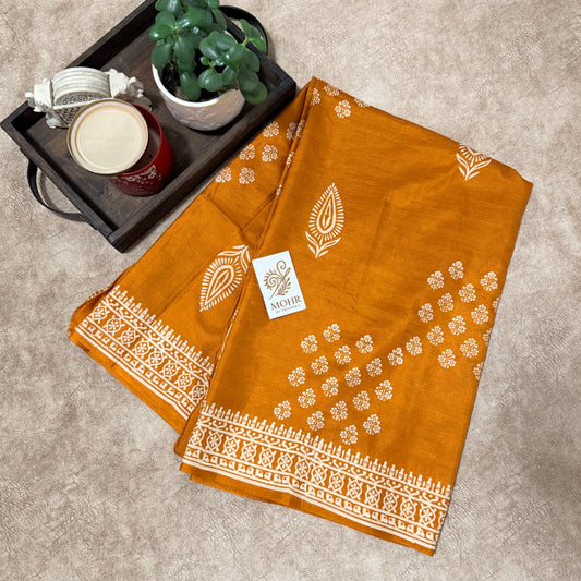 Mustard Pure Bishnupuri Katan silk block print
