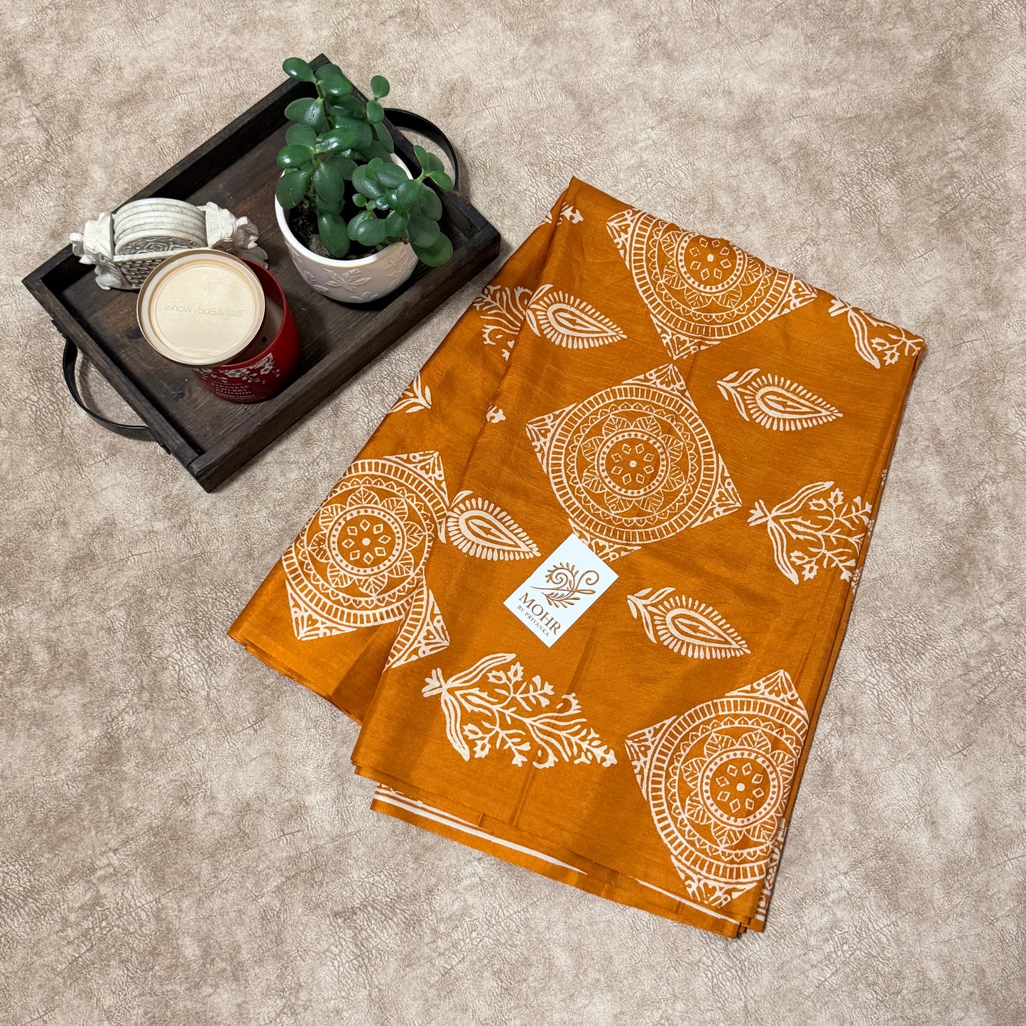 Mustard Pure Bishnupuri Katan silk block print