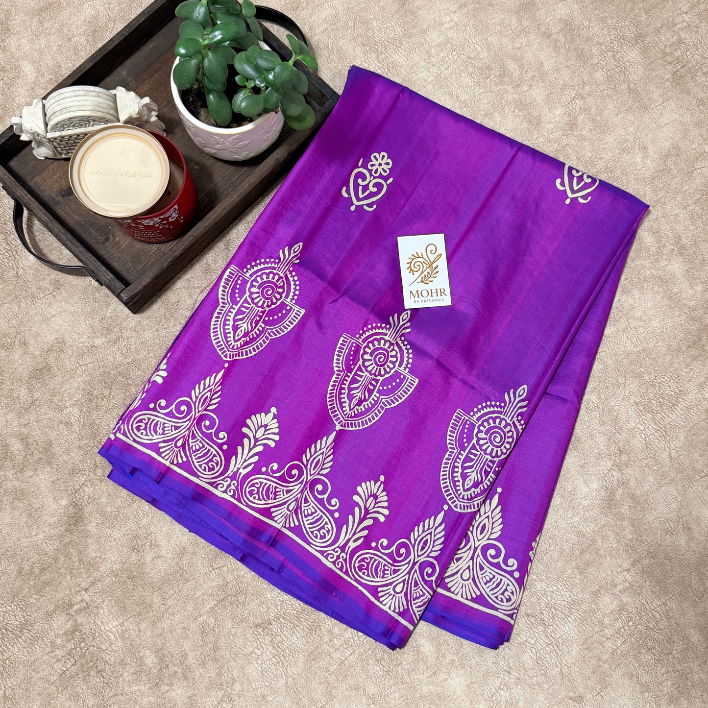 Purple Pure Bishnupuri Katan silk block print