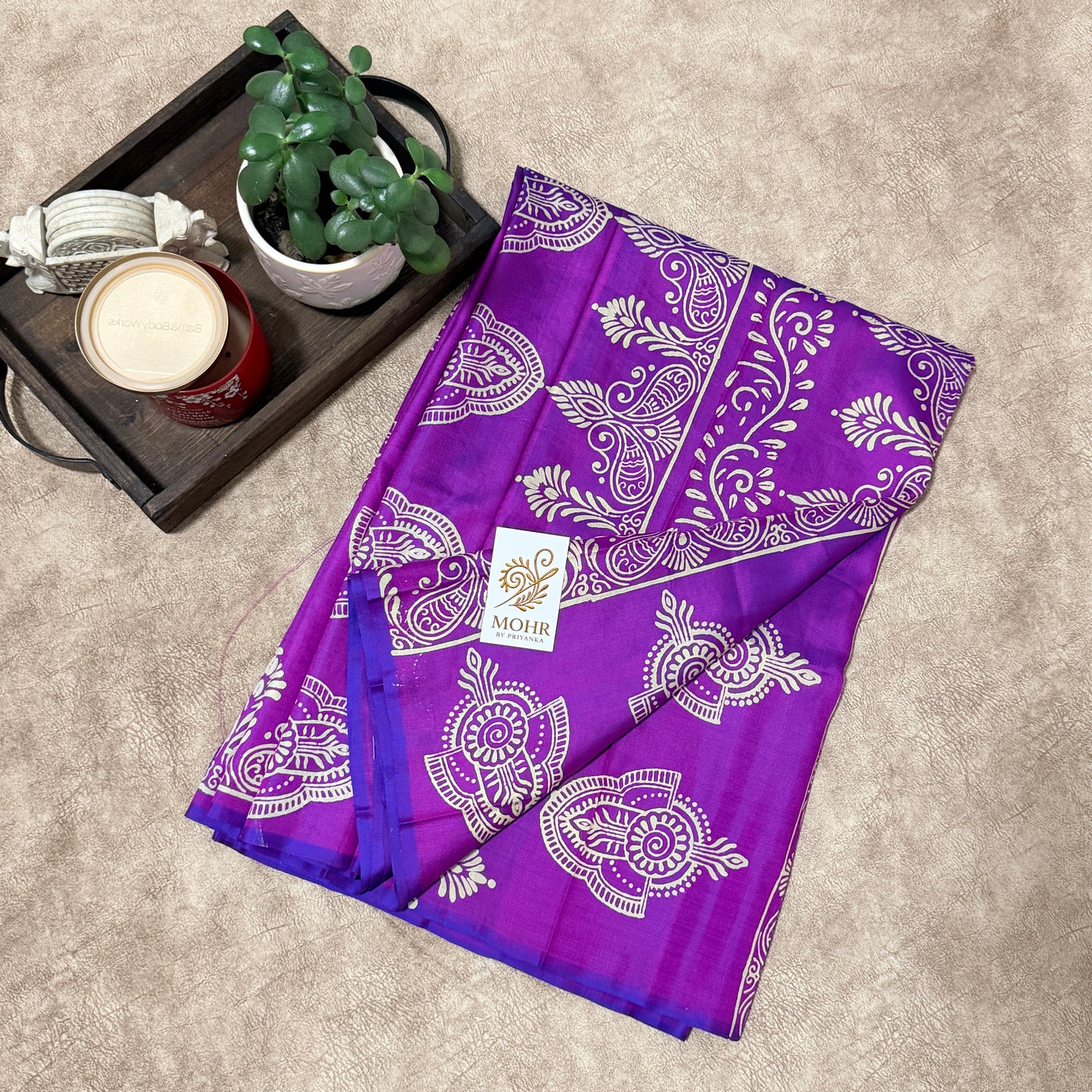 Purple Pure Bishnupuri Katan silk block print