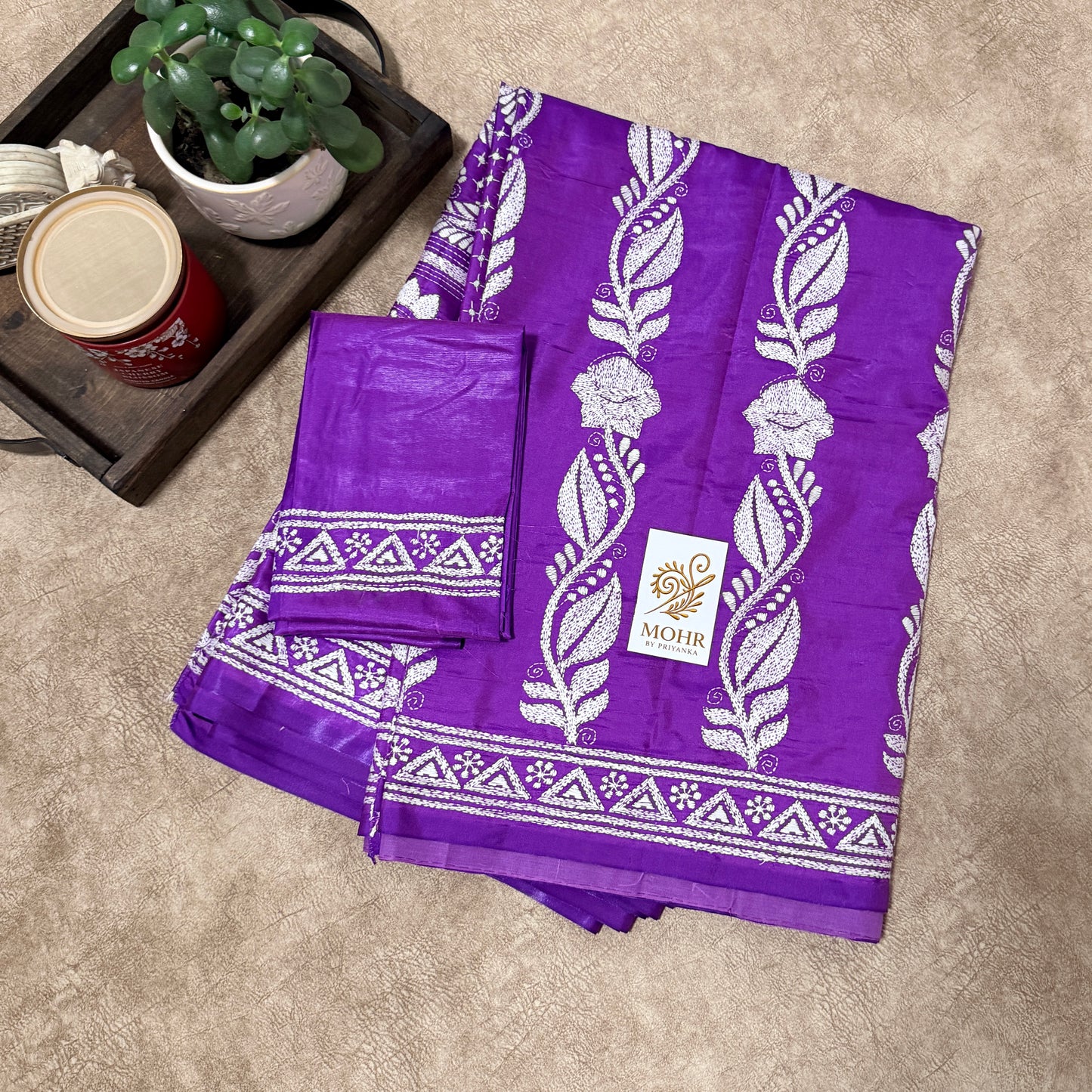 White Hand Kantha on Purple silk saree