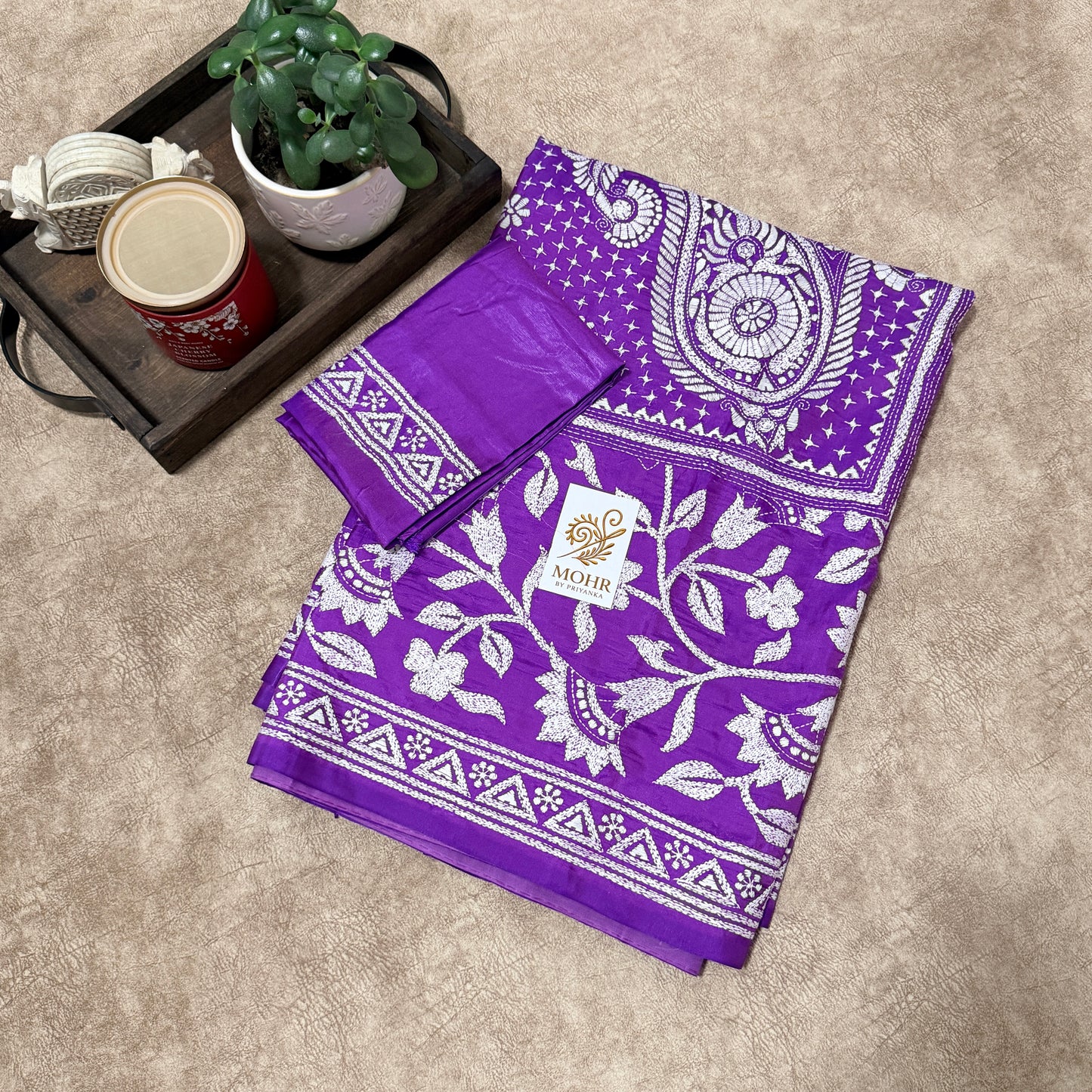 White Hand Kantha on Purple silk saree