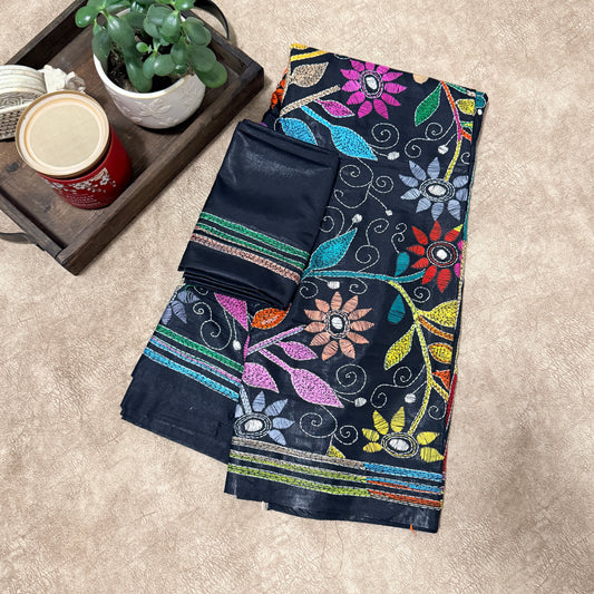 Multi color hand Kantha on Black silk saree