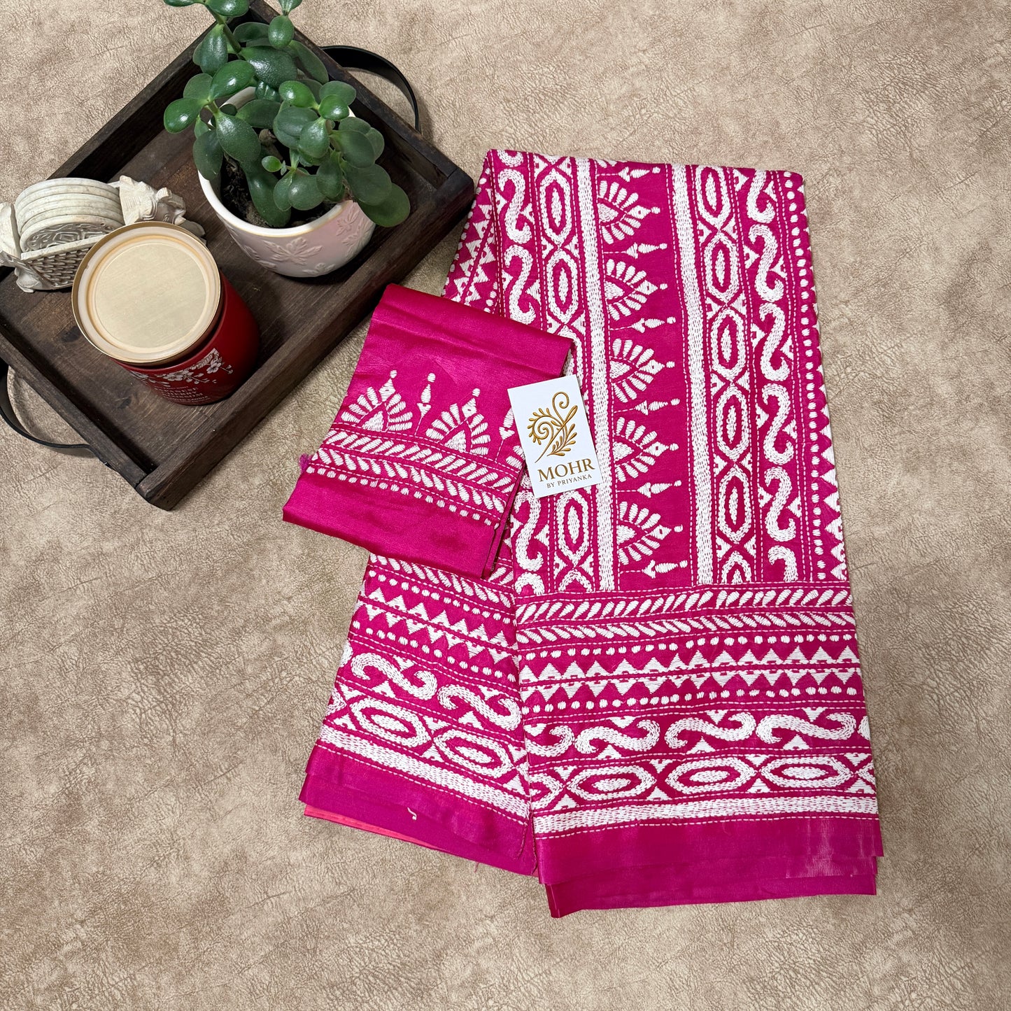 White Hand Kantha on Hot Pink silk saree