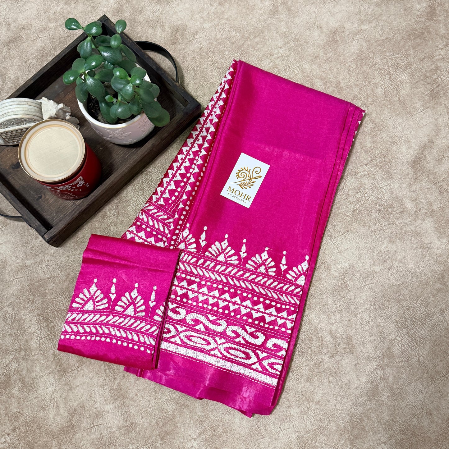 White Hand Kantha on Hot Pink silk saree