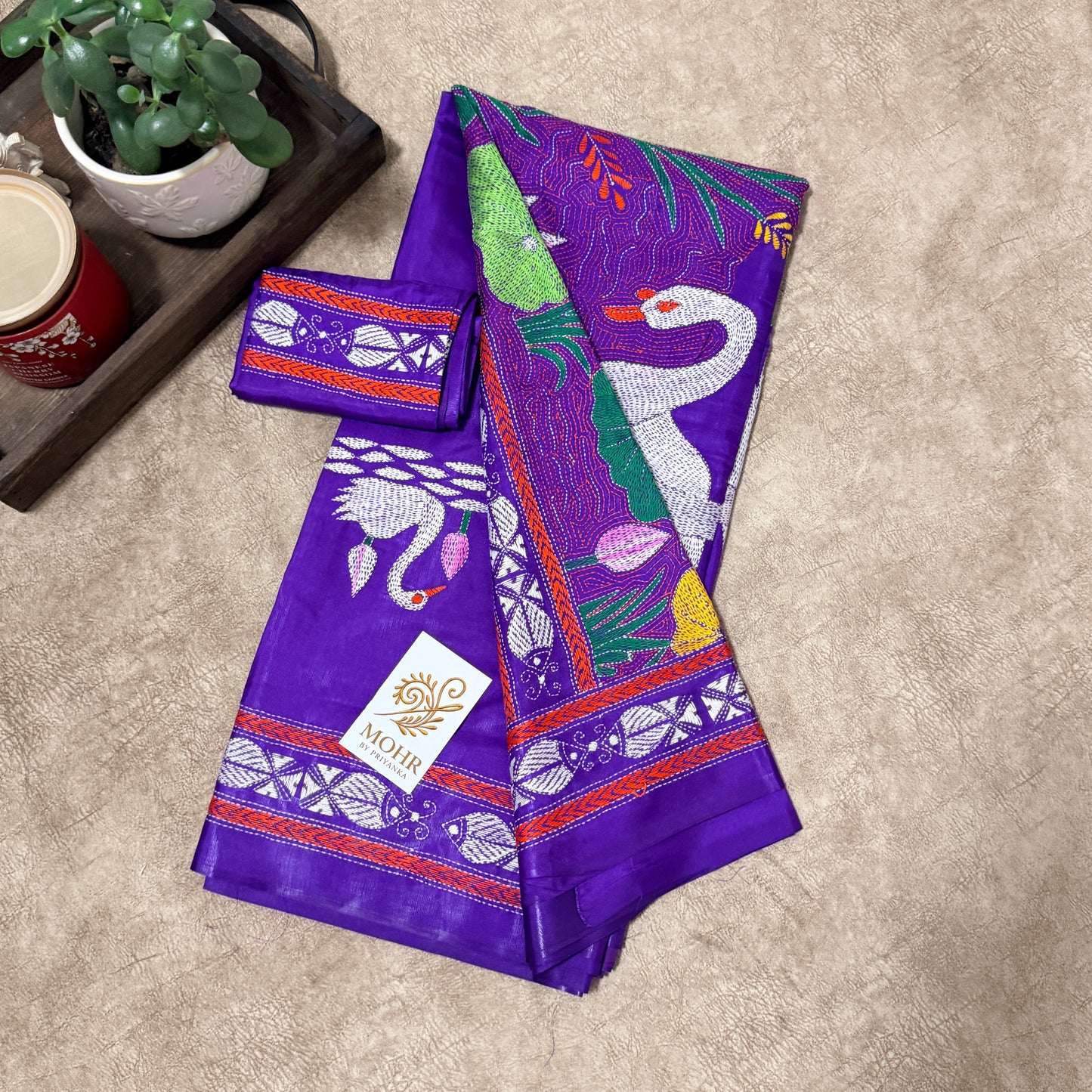 Purple silk with Swan hand Kantha motif