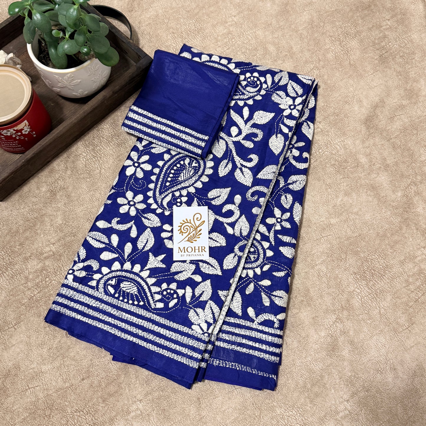 White Hand Kantha on Deep Blue silk saree