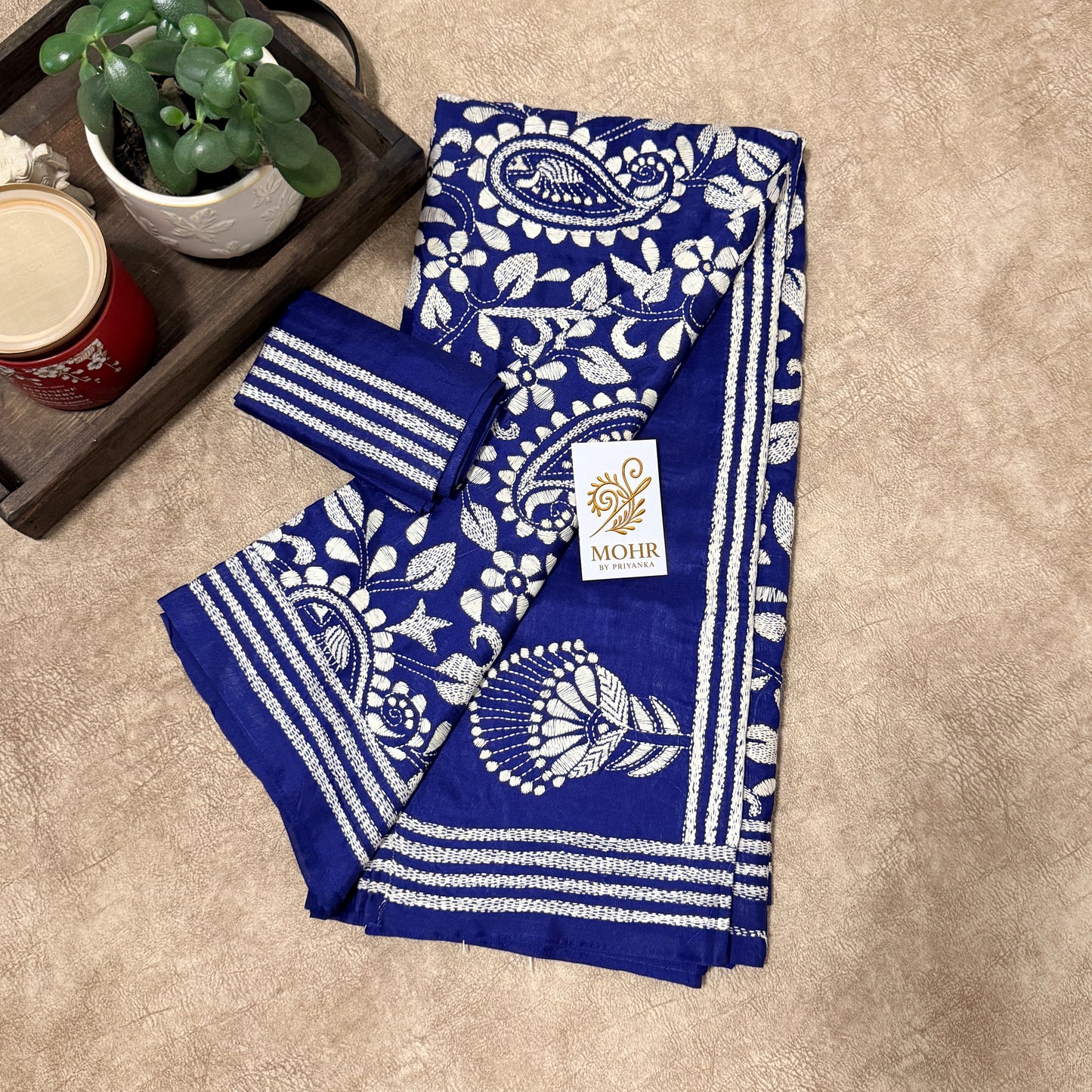White Hand Kantha on Deep Blue silk saree