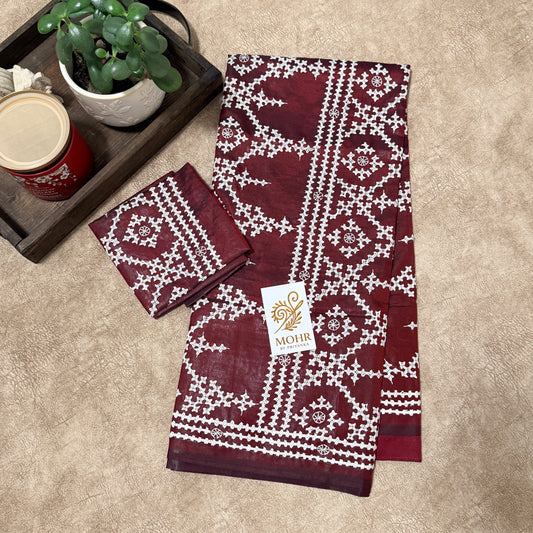 Hand Kutch work on Brick Red silk saree