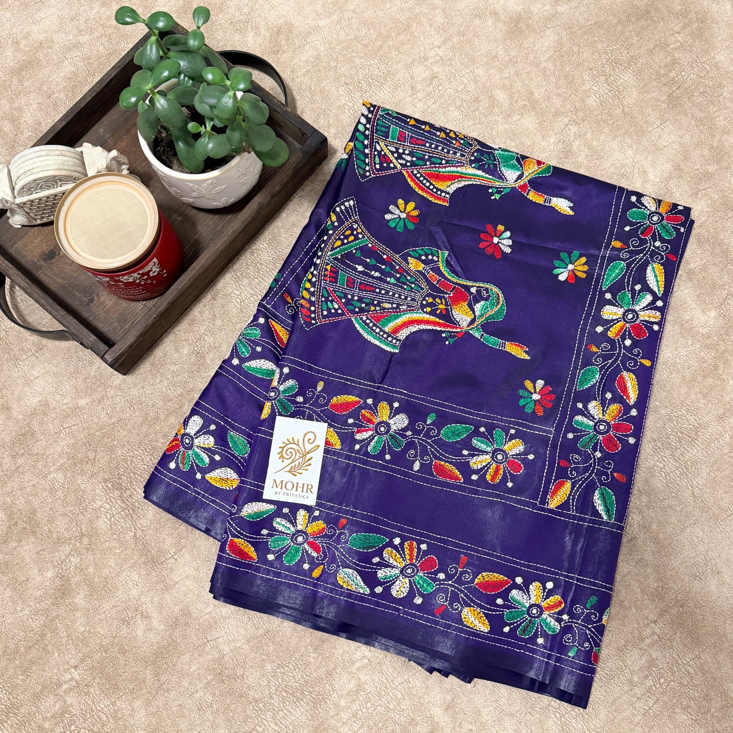 Multi color Hand Kantha on Deep Purple silk saree