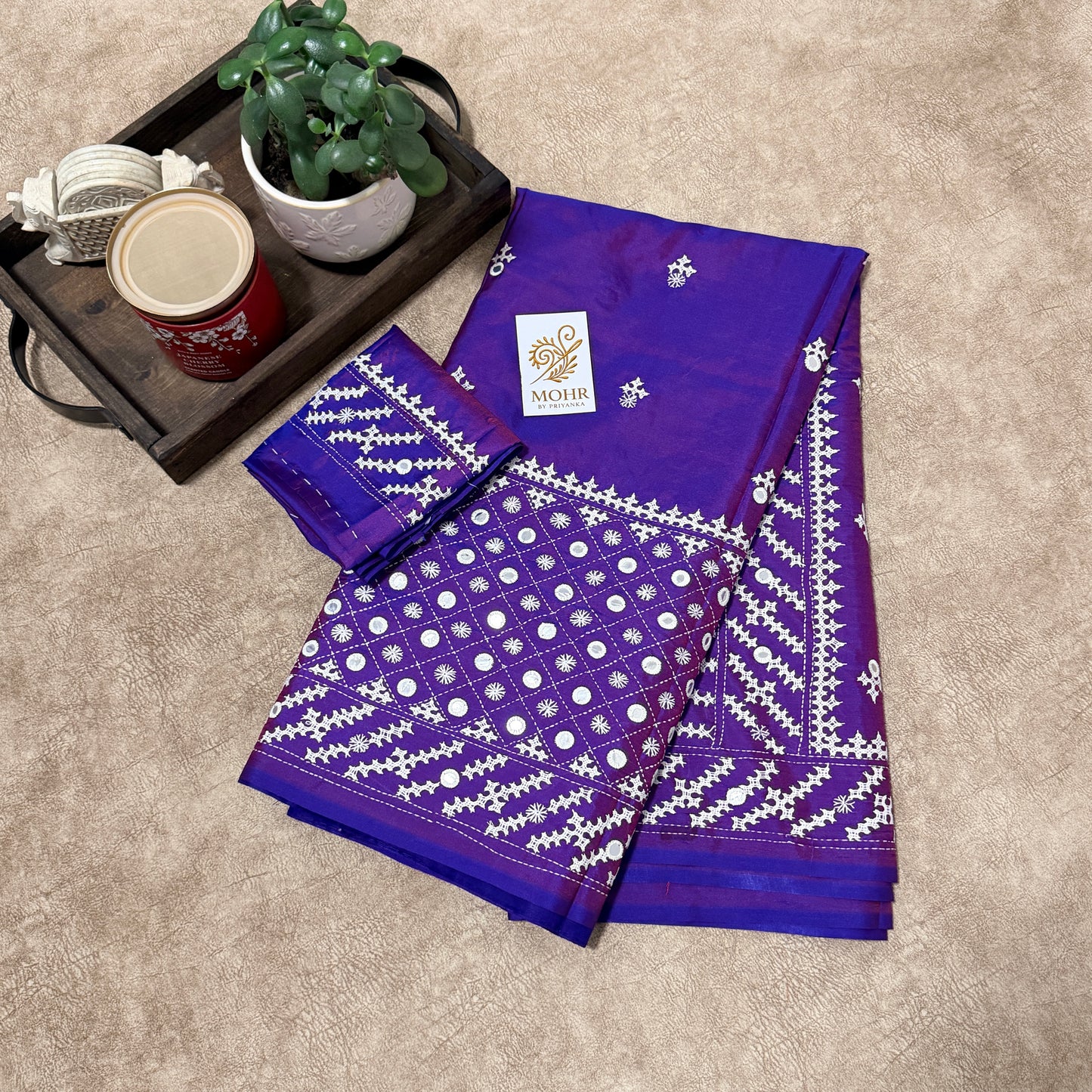 Kutch Mirror work on Deep Purple silk saree
