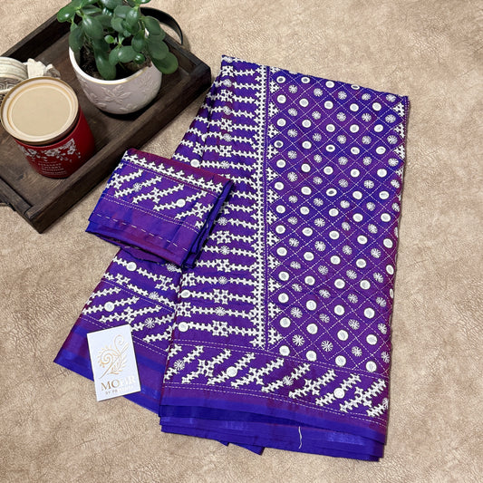 Kutch Mirror work on Deep Purple silk saree
