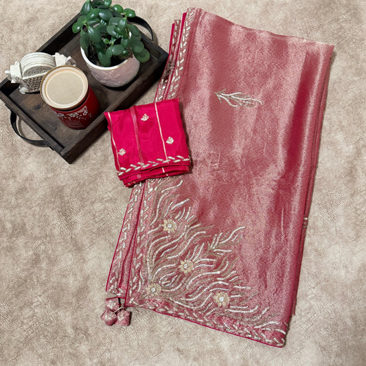 Zardozi work on Red Tissue self design