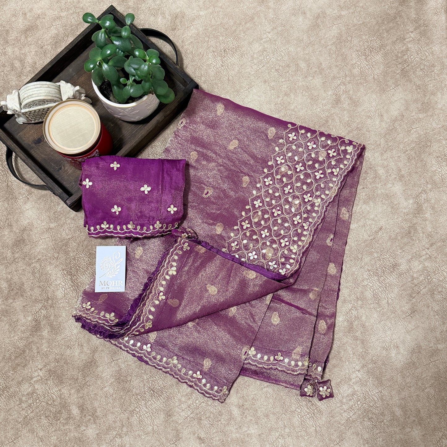Zardozi and Gota Patti work on Purple Tissue saree