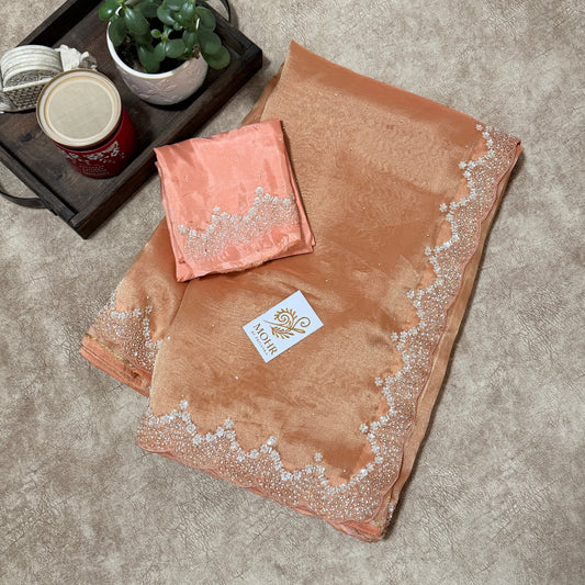 Zardozi work on Peach tissue silk saree
