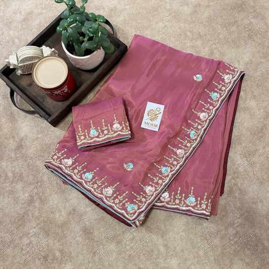 Zardozi work on Onion Pink Tissue silk saree