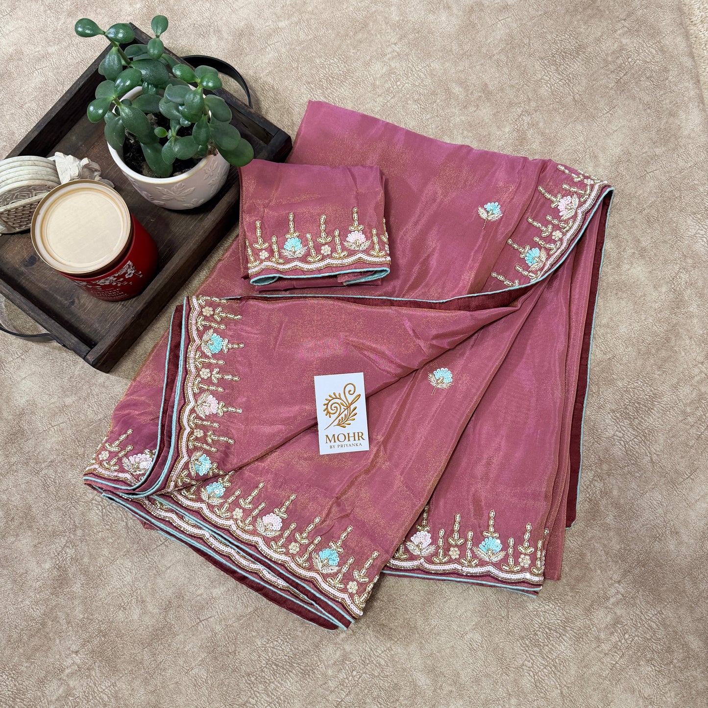 Zardozi work on Onion Pink Tissue silk saree