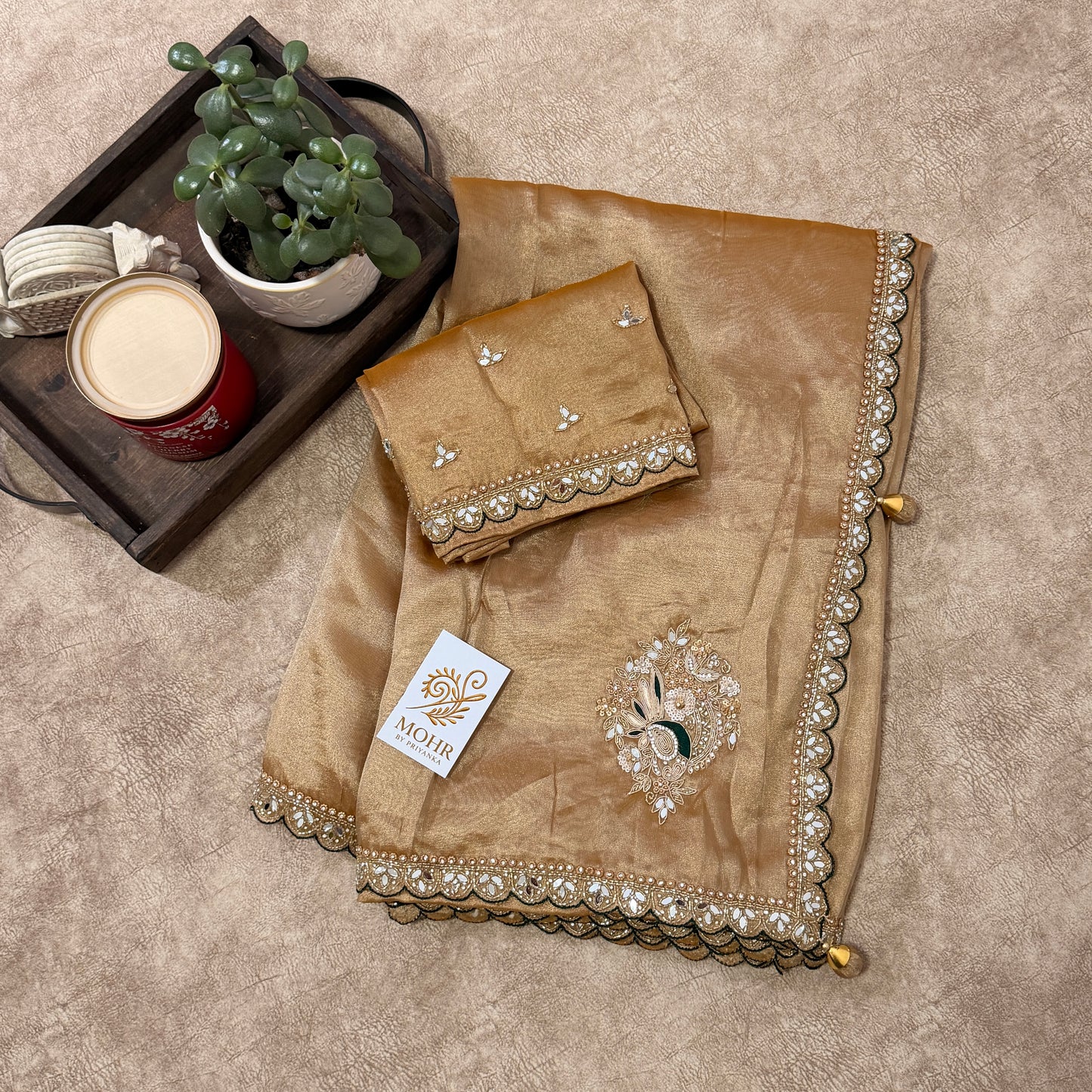 Zardozi work on Dull Golden saree