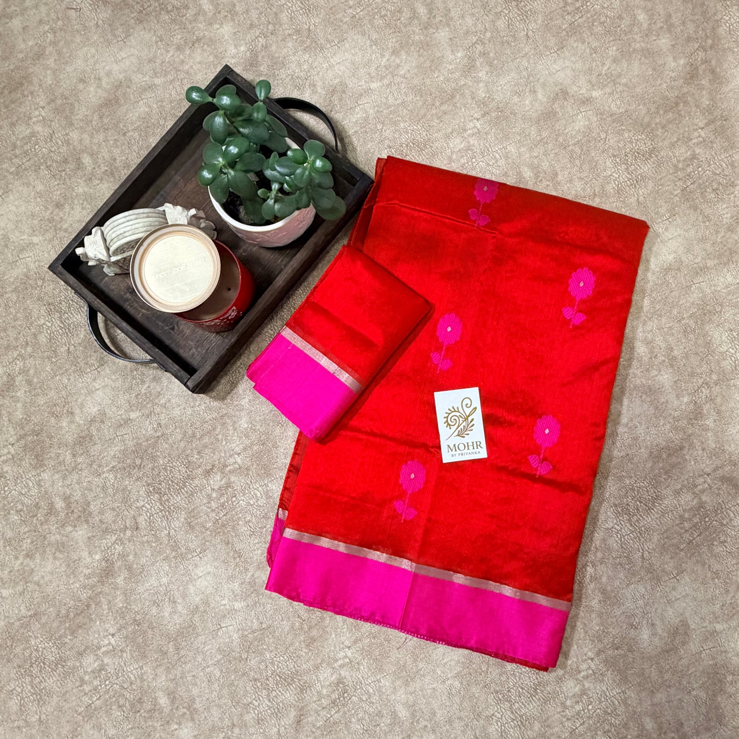 Red Chanderi with Pink border and flower motif