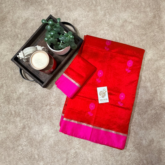 Red Chanderi with Pink border and flower motif