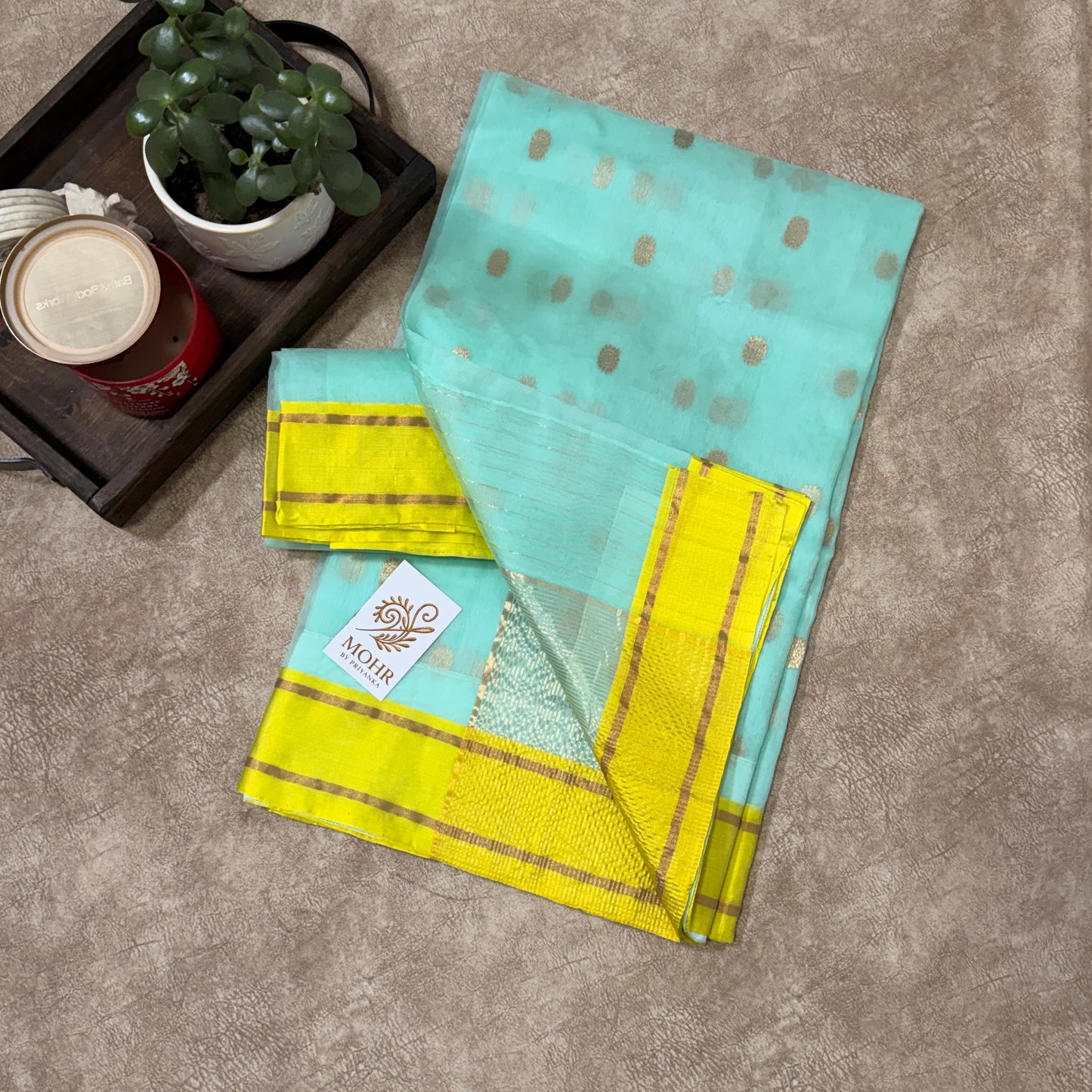 Sea green Chanderi saree with lemon yellow border