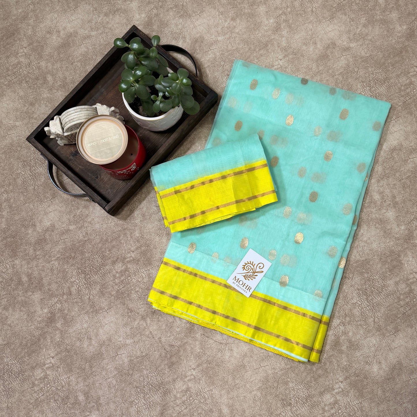 Sea green Chanderi saree with lemon yellow border