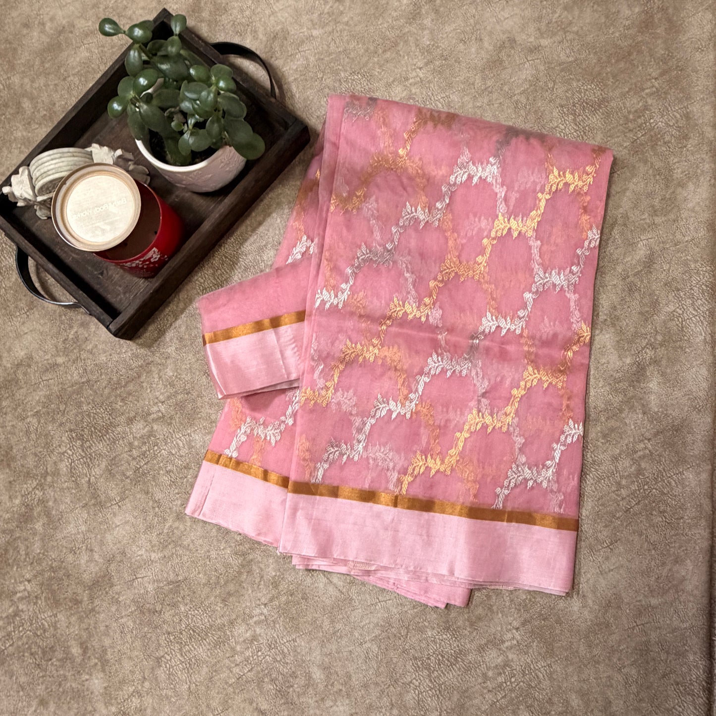 Baby Pink Chanderi with Leheriya Jaal