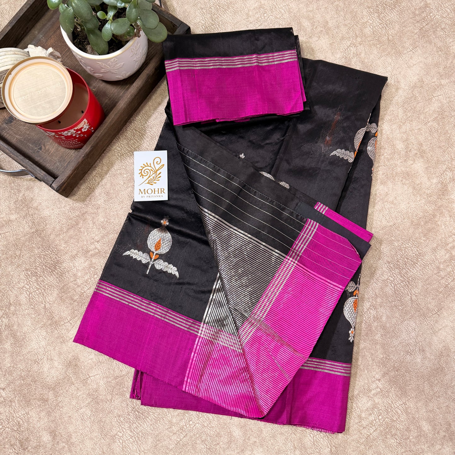 Black Silk Chanderi with magenta border