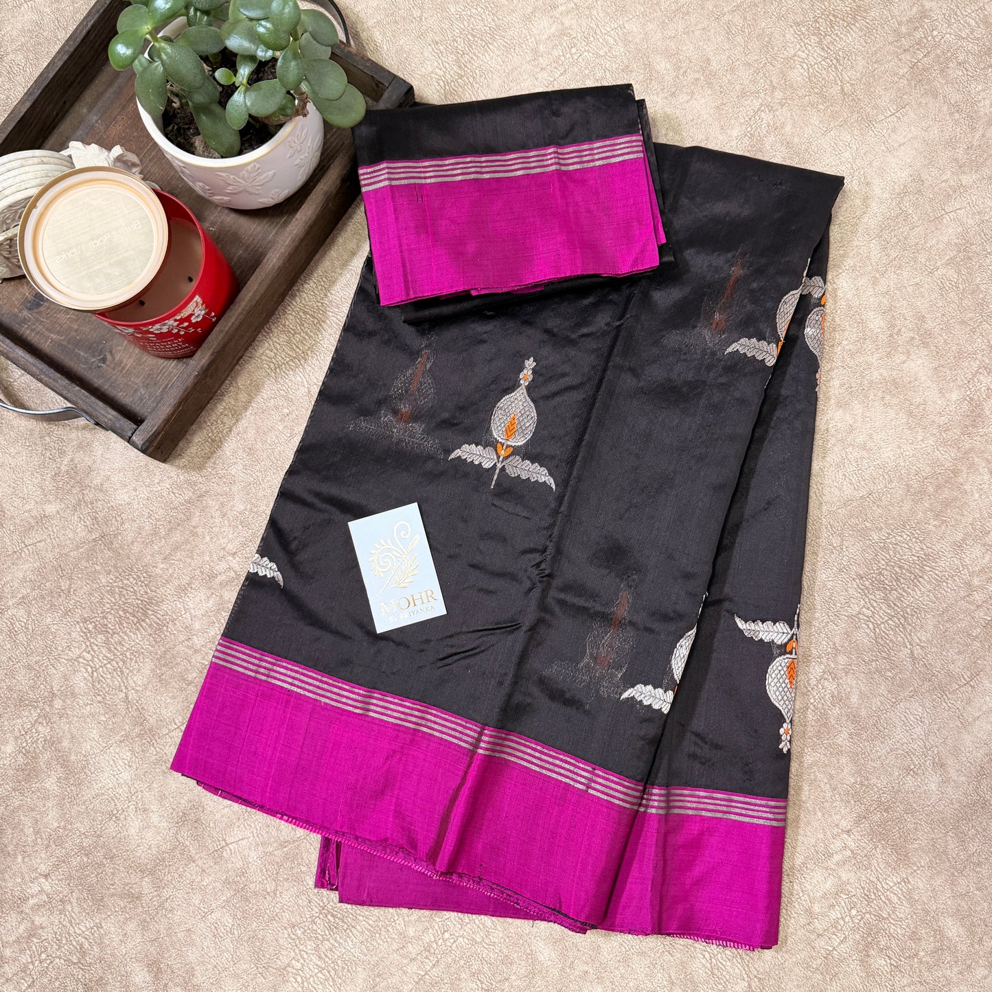 Black Silk Chanderi with magenta border