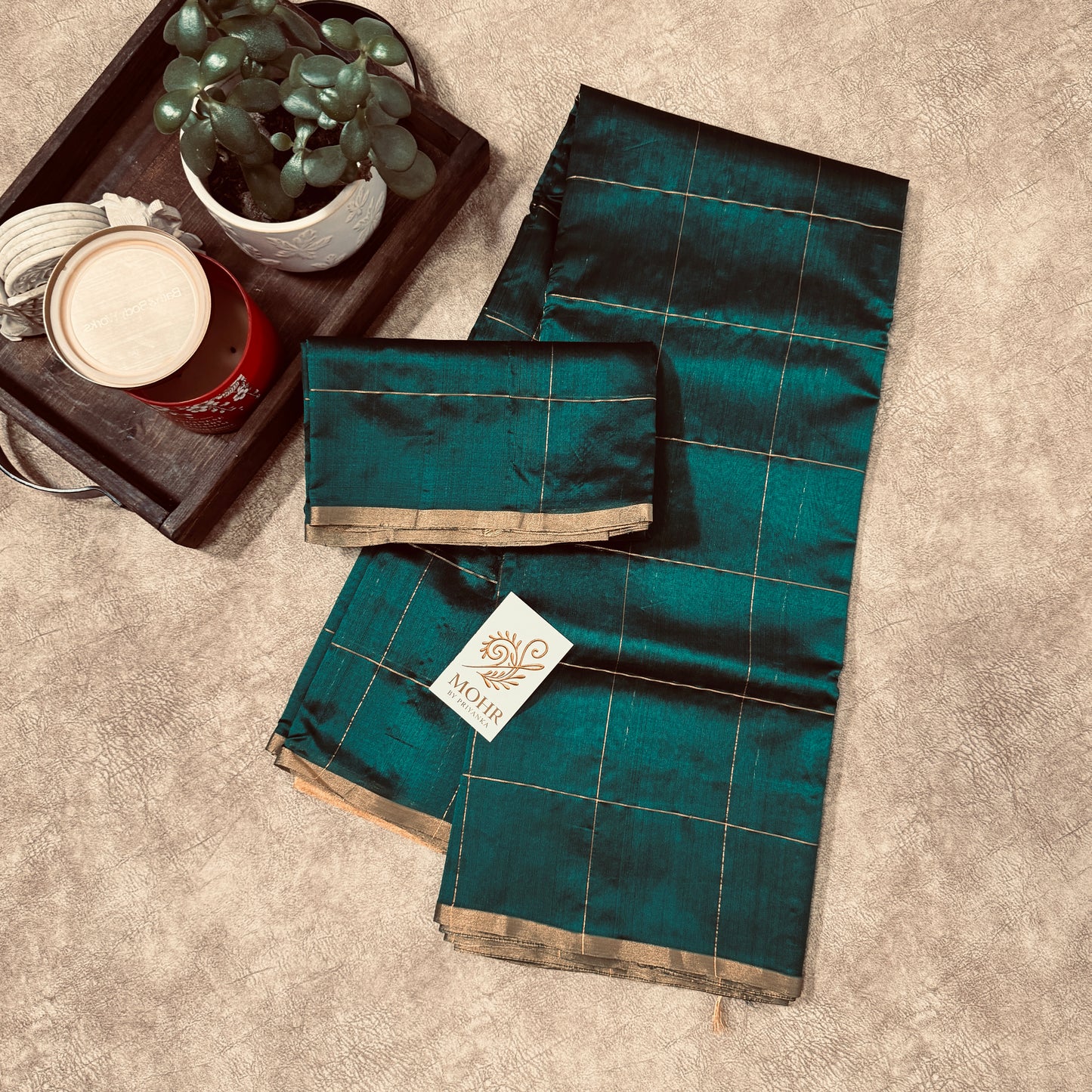 Bottle green Silk Chanderi with big Zari checks