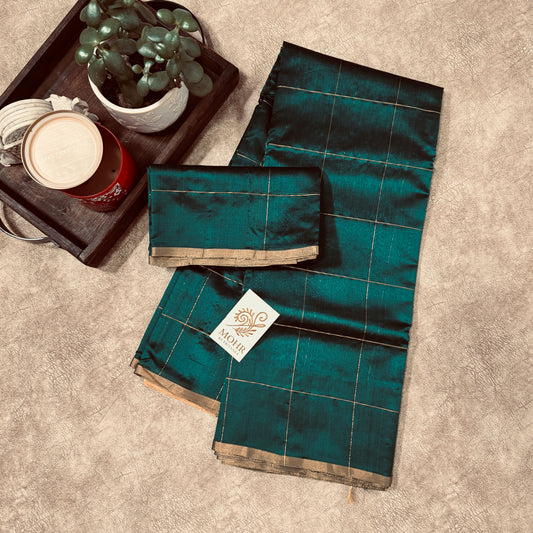 Bottle green Silk Chanderi with big Zari checks