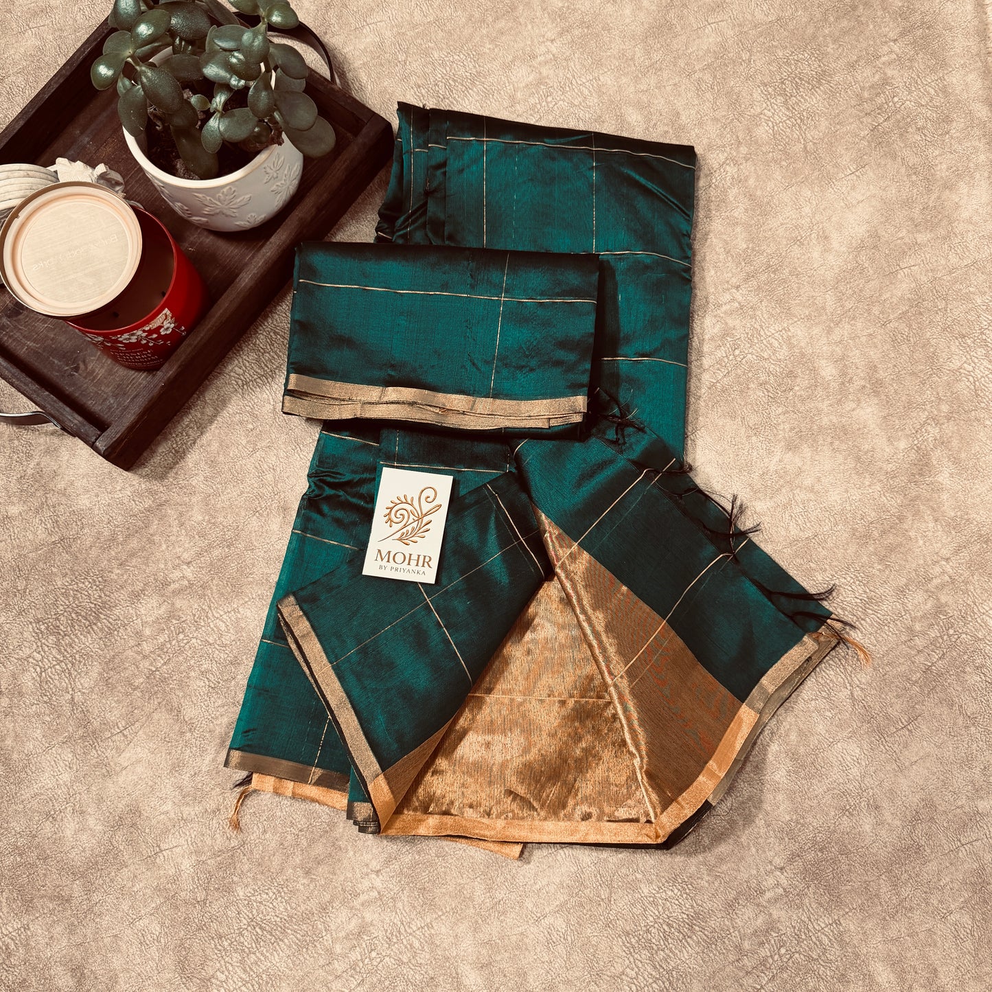 Bottle green Silk Chanderi with big Zari checks