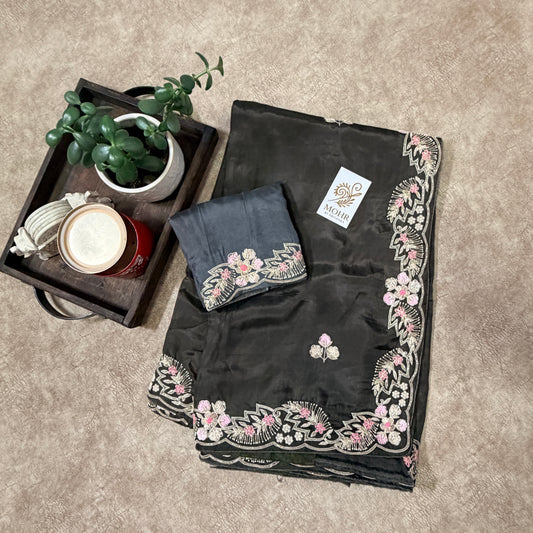 Zardozi work on Darkest green crepe silk saree