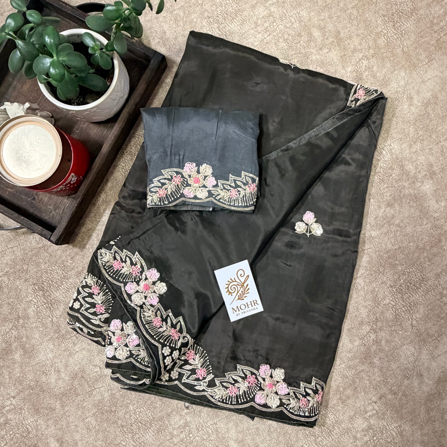 Zardozi work on Darkest green crepe silk saree